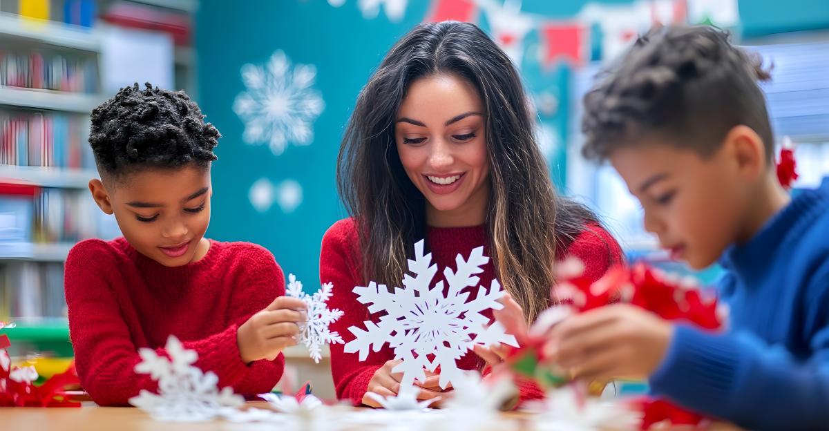 Teacher Assisting Students in Making Colorful Paper Snowflake During Holiday-themed Classroom Craft Activity