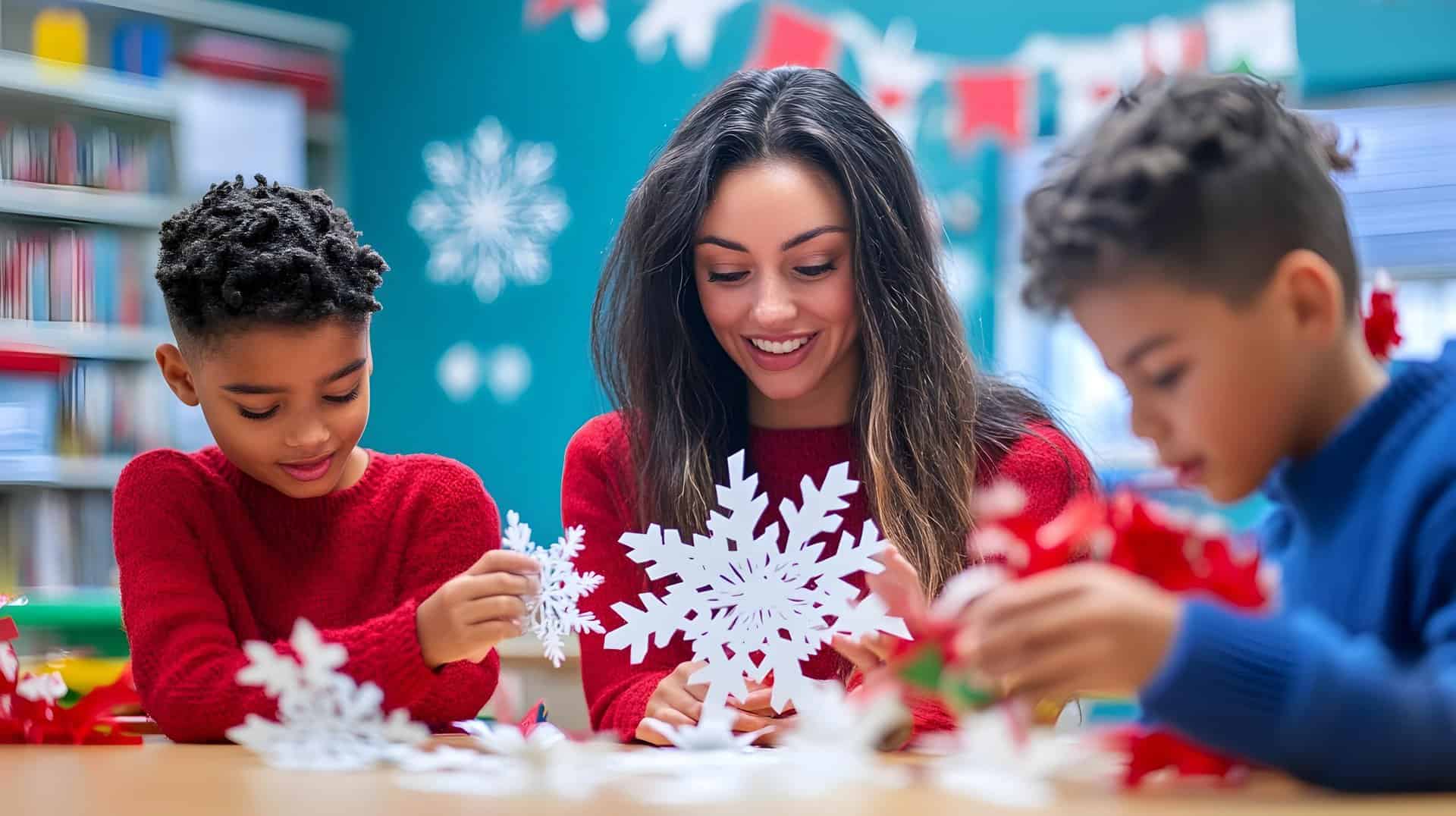 Teacher Assisting Students in Making Colorful Paper Snowflake During Holiday-themed Classroom Craft Activity