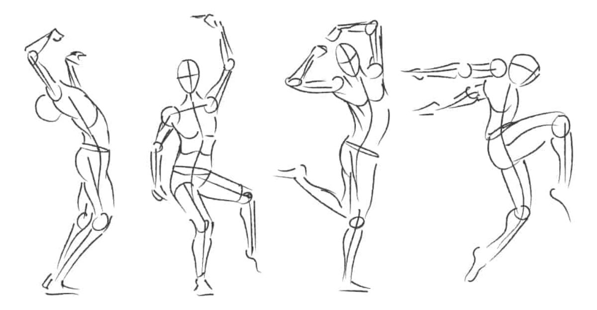 four sketched figure drawings depicting motion gestures
