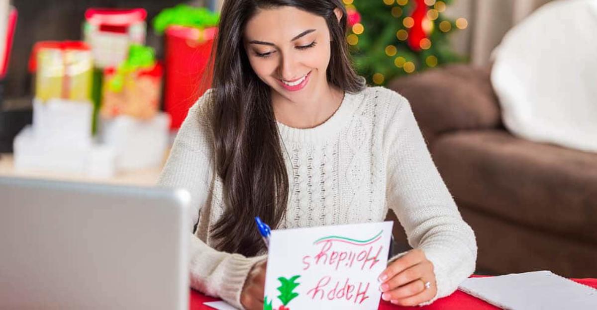 teacher writing holiday card for a gift