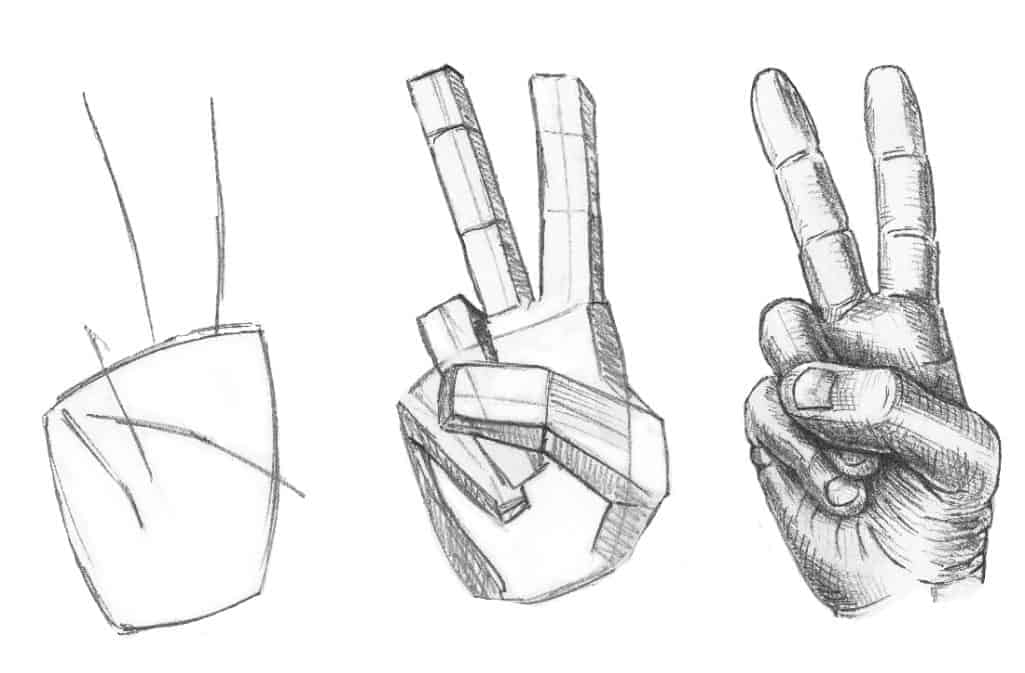3 part progression drawing of a hand showing a peace sign