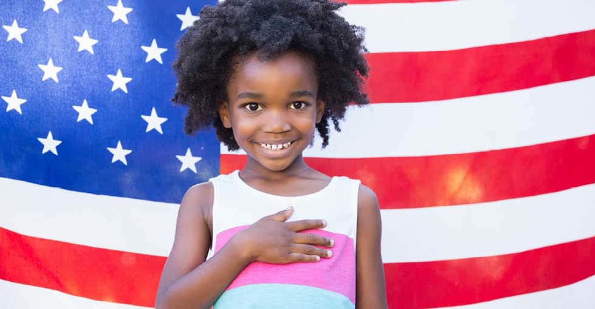 girl crossing heart in front of flag