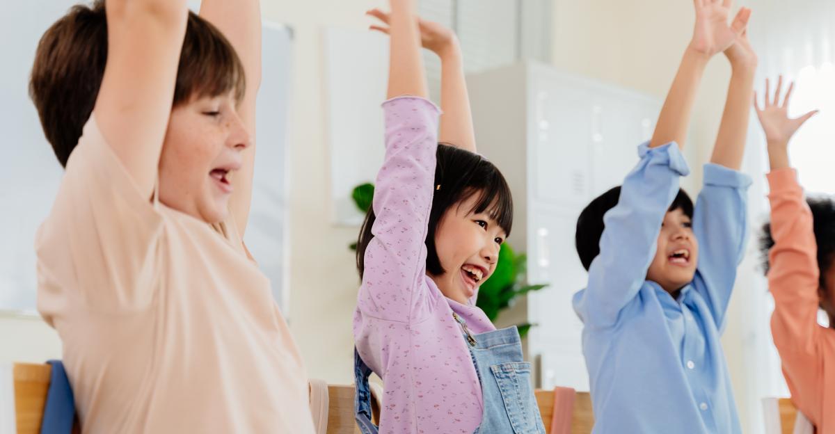 Excited primary school kids from various backgrounds express happiness together. Cheerful classroom scene captures essence of modern education, highlighting unity and active participation