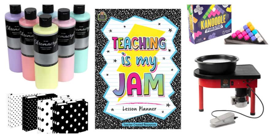 A collage of products that can be used in a school or classroom against white backgrounds