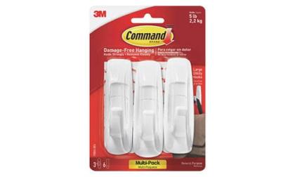 3M Utility Hooks, w/ 6 Adhesive Strips, Large, Pack of 3, White