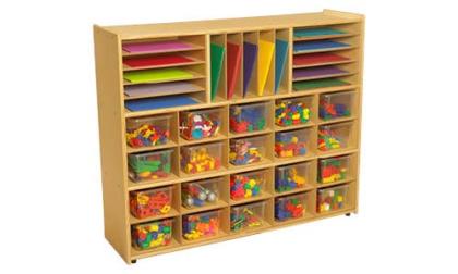 Childcraft ABC Furnishings Storage Unit, 3 Shelves, Cubbies With Inserts, 20 Clear Trays, 48 x 13 x 40 Inches