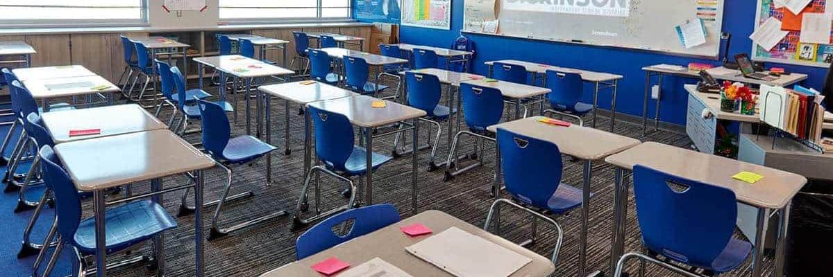 redesigned classroom at eugene kranz junior high with blue chairs and collaborate desks