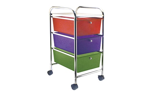 rolling classroom cart with 3 colorful drawers