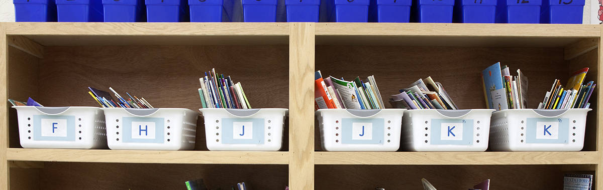 labeled bins in organized classroom closet