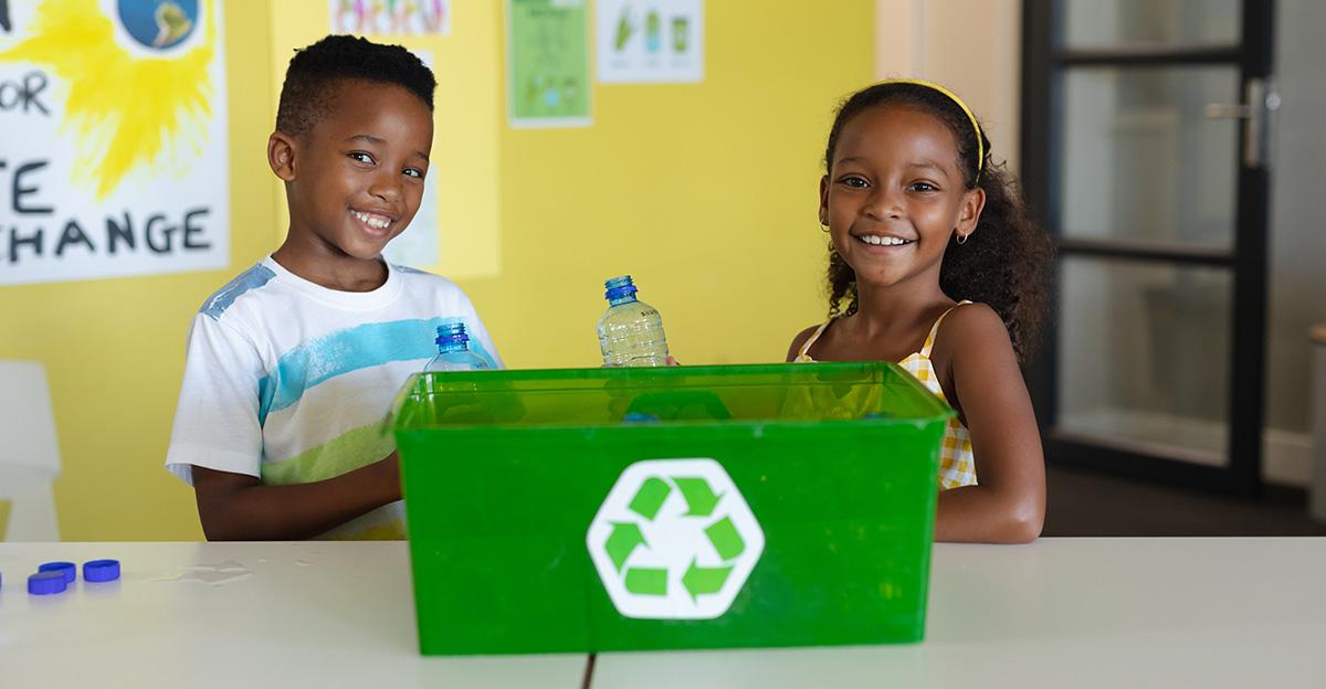 students recycling in the classroom