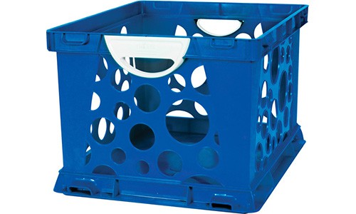 blue milk crate style storage box for classroom organization