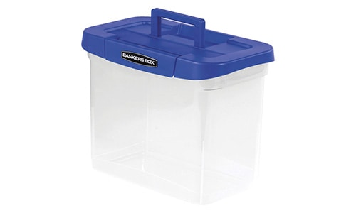 plastic portable file storage with blue top and handle
