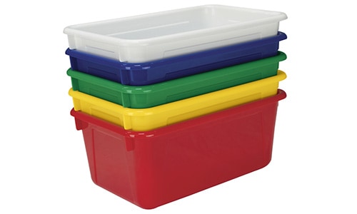 5 assorted color classroom storage bins for organized shelves
