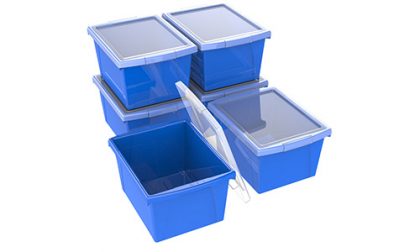 6 blue classroom storage bins with clear lids