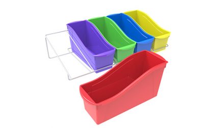 5 assorted color magazine bins with metal rack