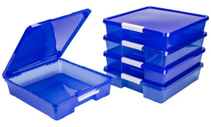 5 blue project storage boxes, 4 stacked and 1 open