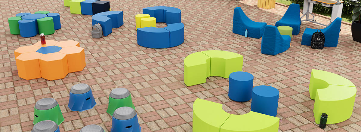 designer rendering of outdoor learning space with colorful soft seating