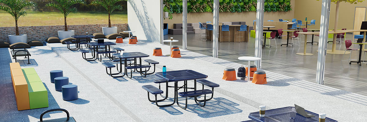 rendering of outdoor meeting and cafeteria space design