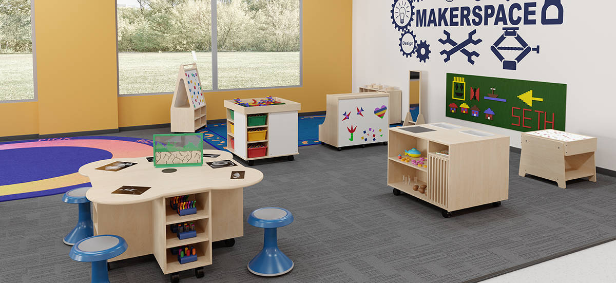 makerspace classroom with colorful rugs and motion stools