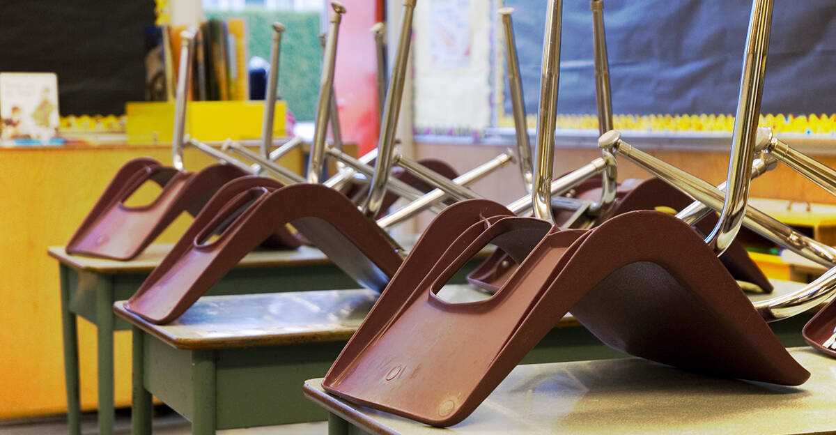 classroom chairs on desks to prepare for floor cleaning