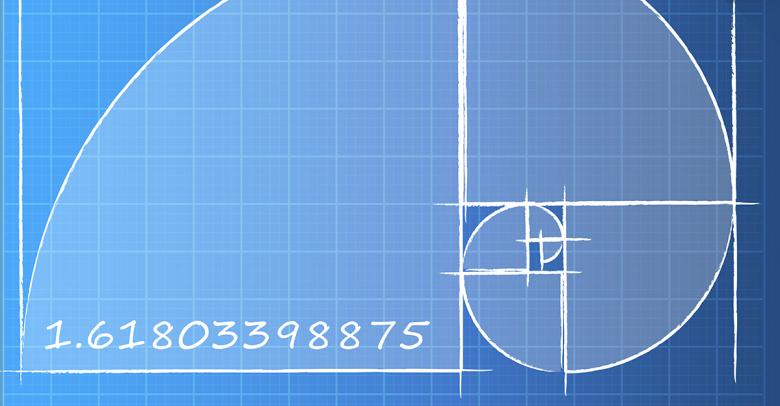 fibonacci spiral diagram with the number phi on blue grid background