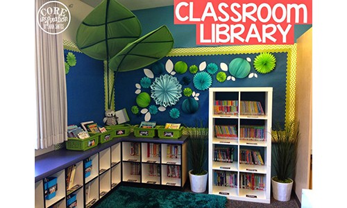 classroom library corner idea with calming blues and greens