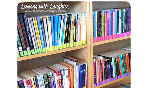 classroom library shelves with color coded label books