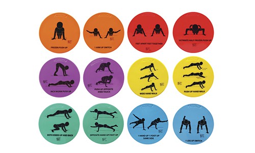 sportime colorful strength spots with graphics on each showing pe activities and exercises 