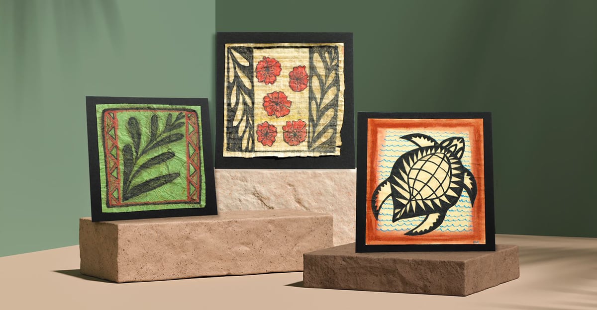 three hawaiian tapa cloth paintings presented on stone pedestals