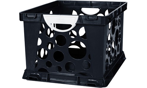 black milk crate style storage box for classroom organization