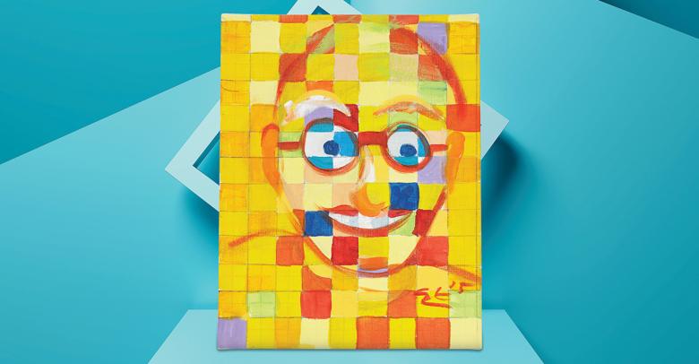 self-portrait painting inspired by artist chuck close, set on blue background
