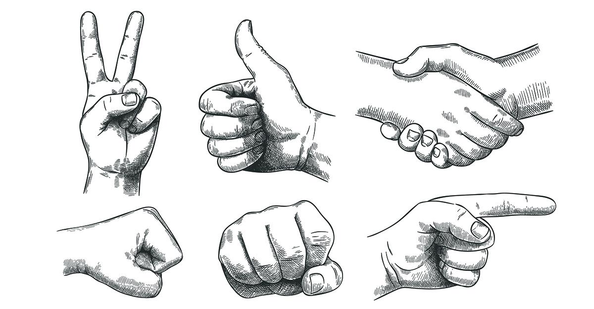 sketch drawings of hands in 6 different gestures - peace sign, thumbs up, handshake, fist side, fist front, pointing finger