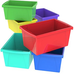 6 classroom storage bins in assorted colors