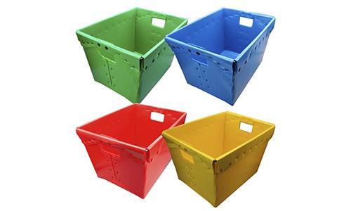 4 plastic postal totes in different colors for classroom organization