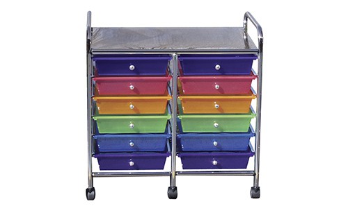 mobile classroom organization cart with 12 colorful drawers