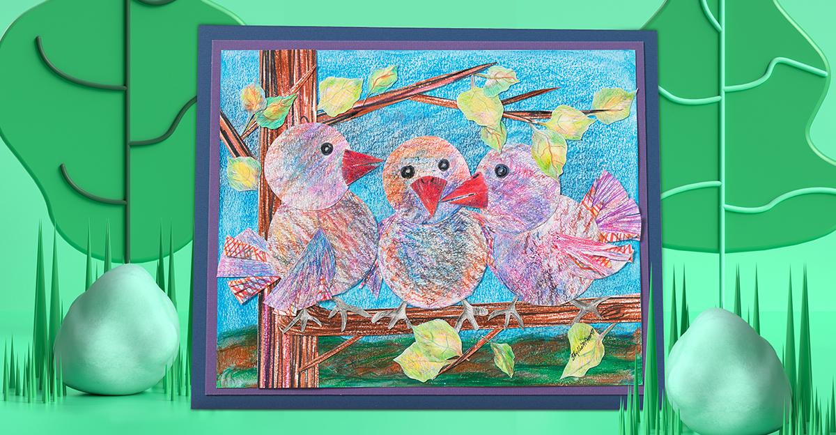 colored art piece showing colorful birds sitting on a line and appear to be chatting