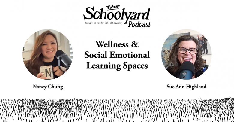 graphic for podcast - the schoolyard podcast, episode 1, wellness and social emotional learning spaces