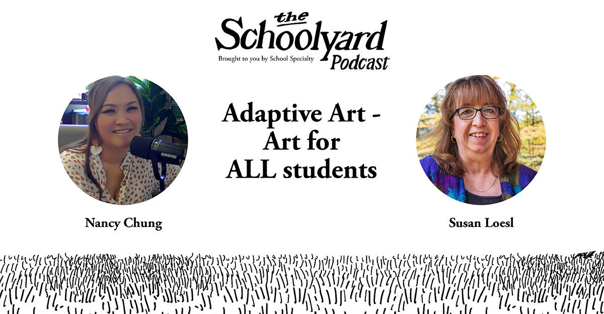 banner graphic for teacher podcast episode about adaptive art