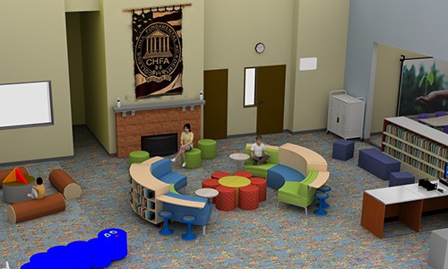 model render of school media center