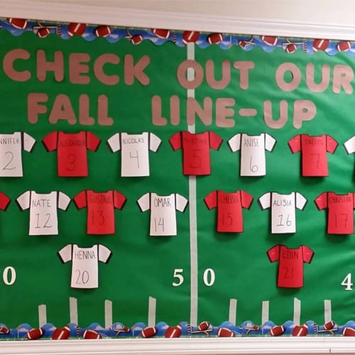 fall classroom bulletin board with football jerseys for each student 