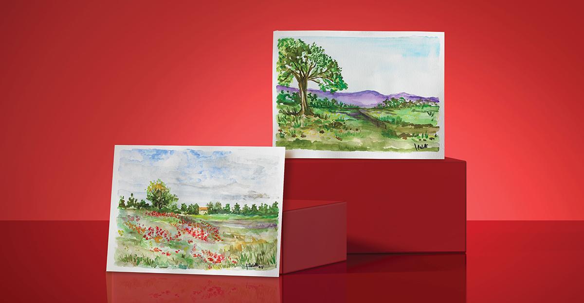 watercolor landscape paintings on a red 3D background