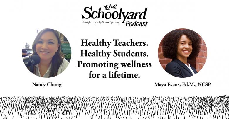 banner graphic for blog article on schoolyard podcast featuring host nancy chung and guest maya evans
