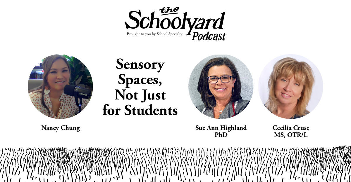 banner graphic for blog article on schoolyard podcast featuring host nancy chung and guests sue ann highland and cecilia cruse