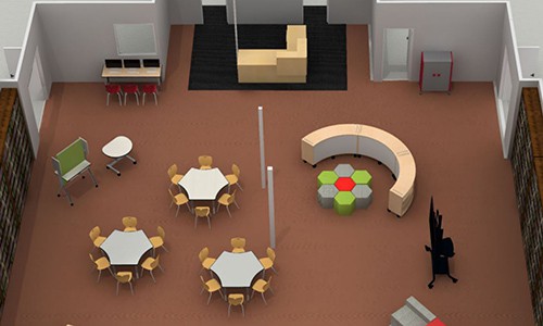 overhead view of media center design render including librarian desk