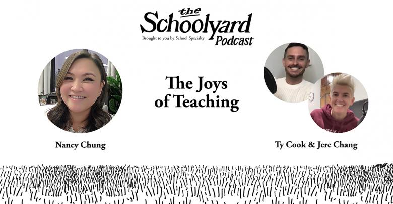 banner graphic for episode 12 of the schoolyard podcast with host nancy chung and guests ty cook and jere chang