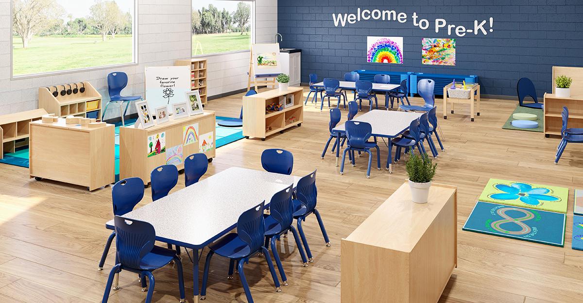 early childhood pre-kindergarten classroom space design by kidspaces, blue brick wall, blue chairs, wooden furniture, large windows