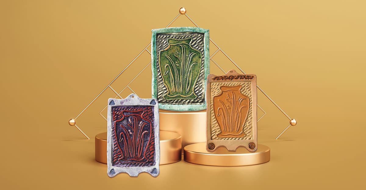 image showing 3 art pieces using the technique of impressed tile relief