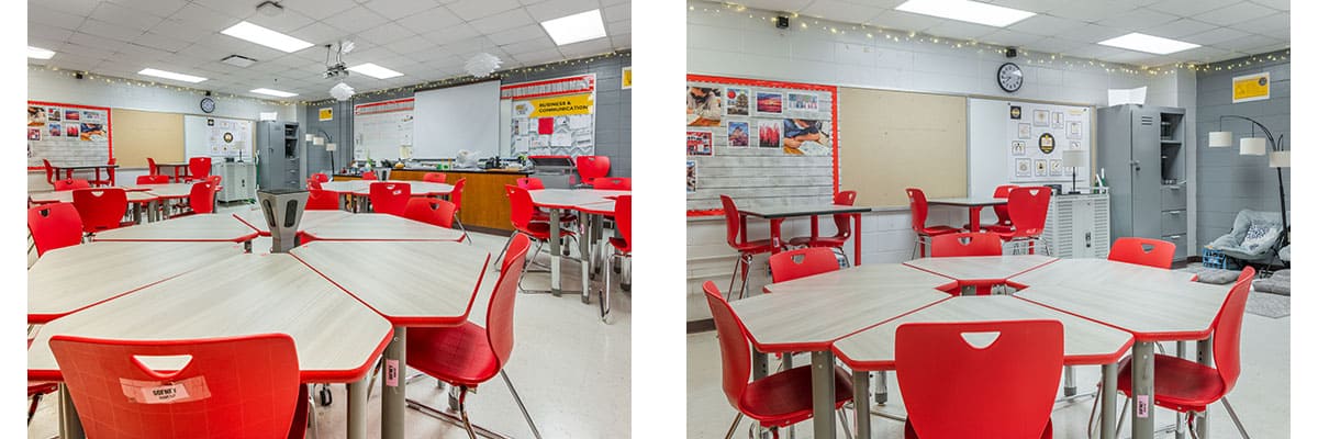 images of a classroom in kammerer middle school, using configurable desks that are pushed together for a larger group size