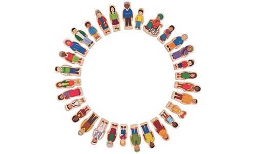 set of block figures laid out in a circle, representing different ages, races, vocations, and genders
