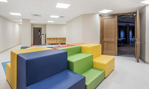 early childhood classroom with soft seating and configurable furniture, alternate angle